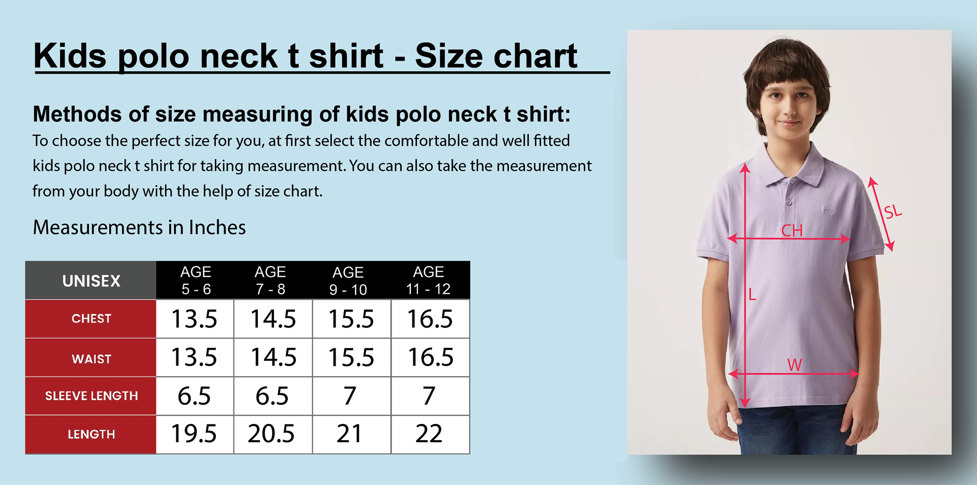 Kids polo neck t shirt size chart Dubai