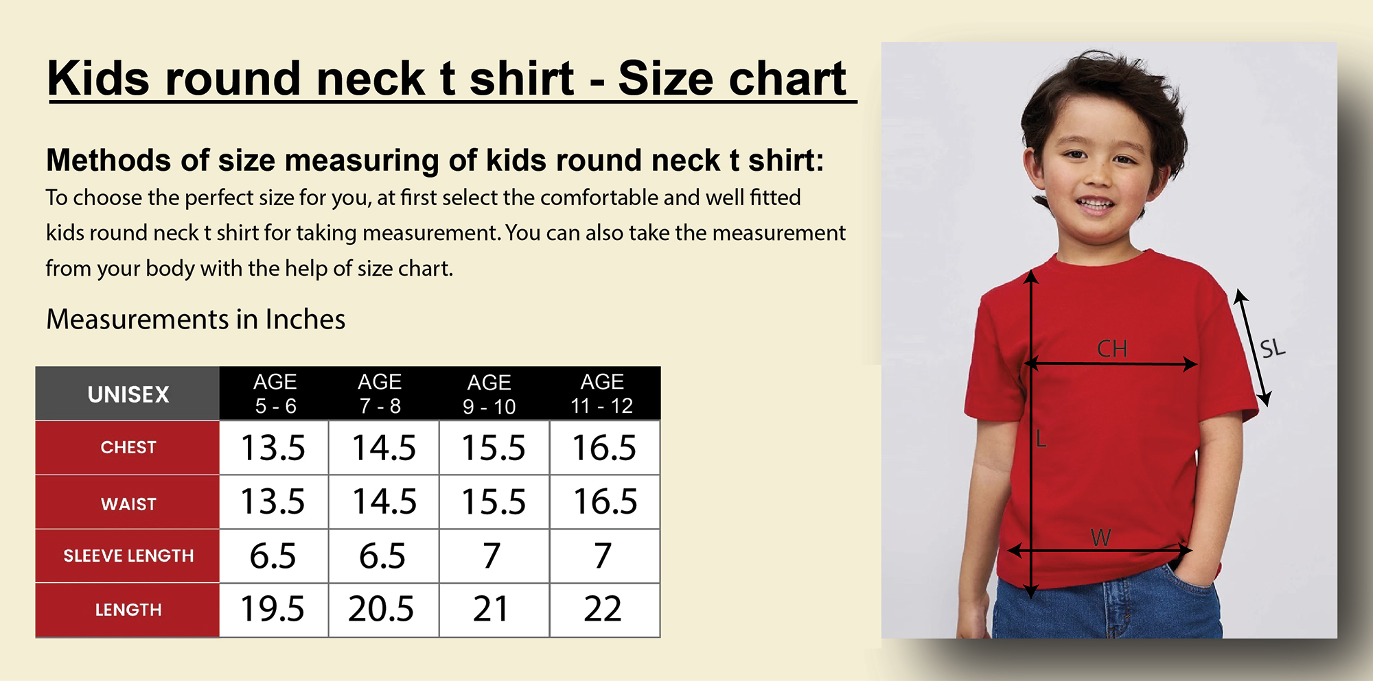 Kids round neck t shirts size chart Dubai