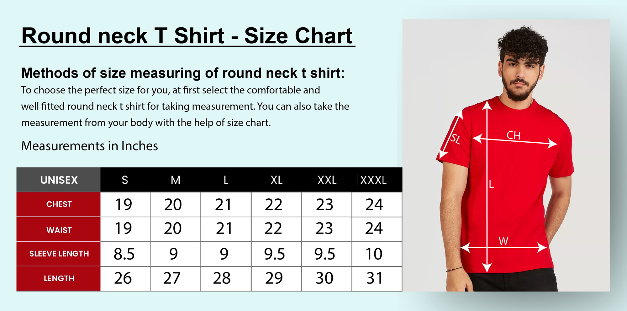 Round neck t shirts size chart Dubai