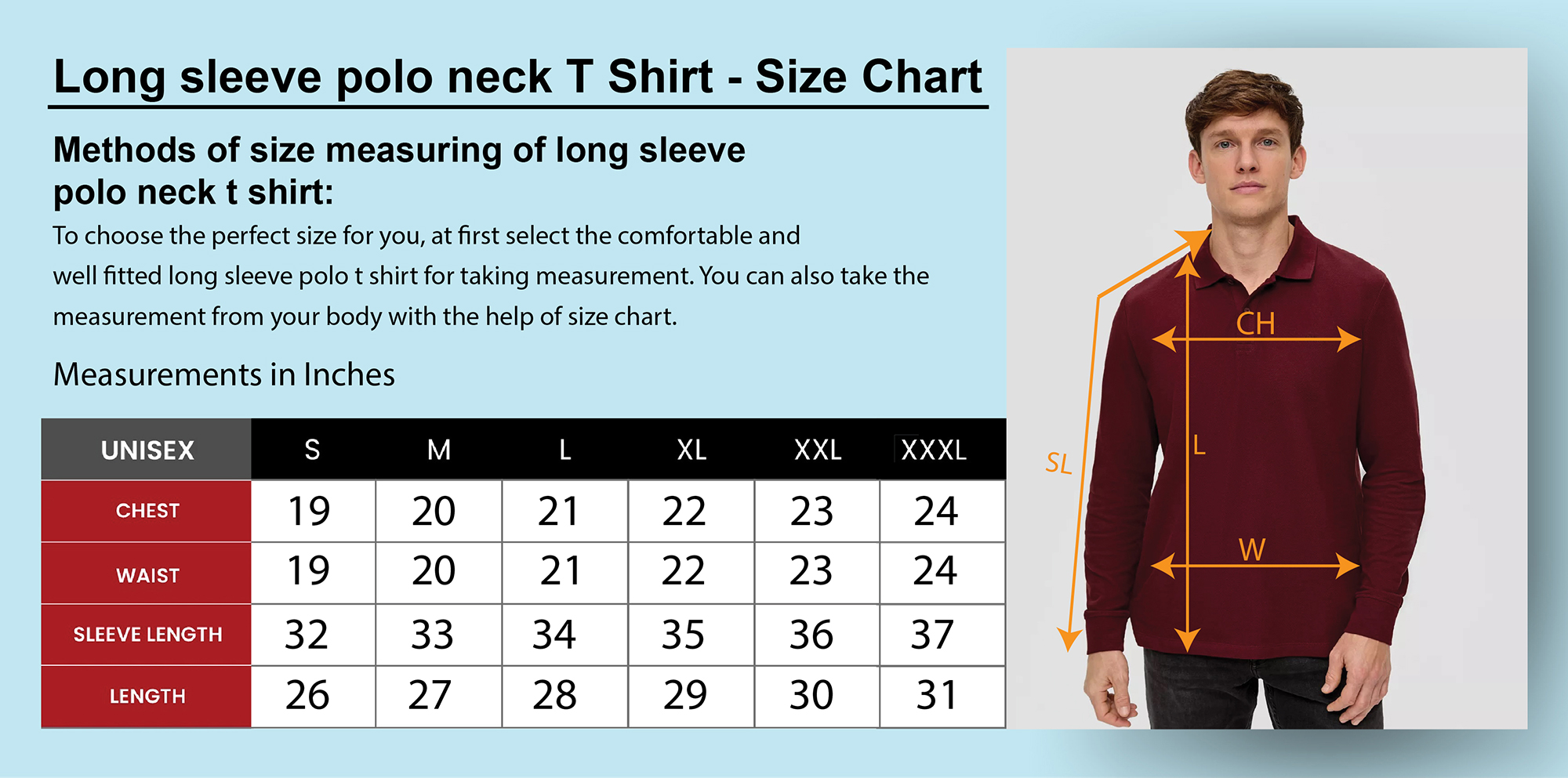 Long Sleeve Polo T Shirts Size chart Dubai