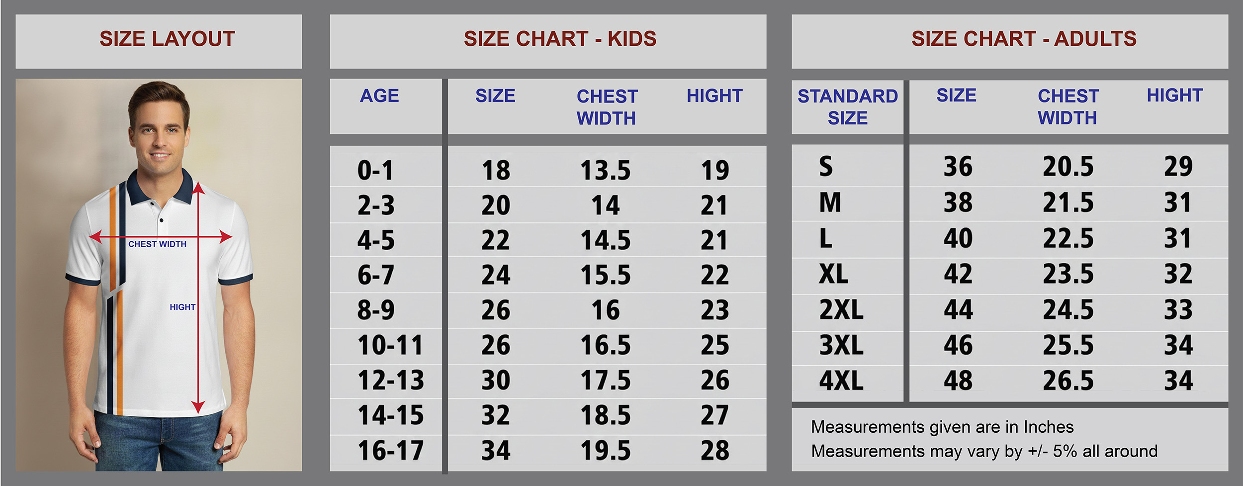 Custom t shirts size chart Dubai
